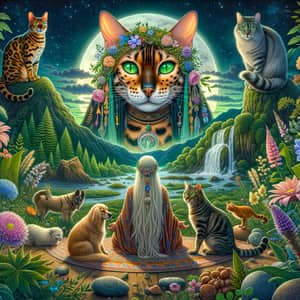 Mystic Bengal Cat Observing Asian Shaman Woman with Animals in Nature