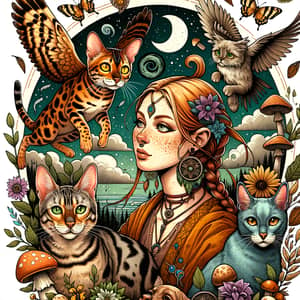 Enchanting Scene of Shaman Woman with Bengal Cat, Blue Russian Cat, and Blond Dog