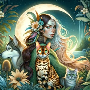 Mystical Scene with Bengal Cat and Shaman Woman