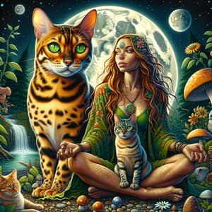 Enchanting Scene with Bengal Cats, Siberian Blue Cat, and Dog in Green Surroundings