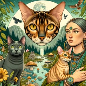 Shamanic and Healing Scene with Bengal and Russian Blue Cats