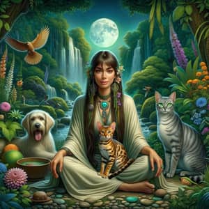 Hispanic Female Shaman in Mystical Forest with Bengal Cats