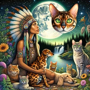 Mystical Scene with Bengal Cat, Shamanic Woman, and Animals in Nature