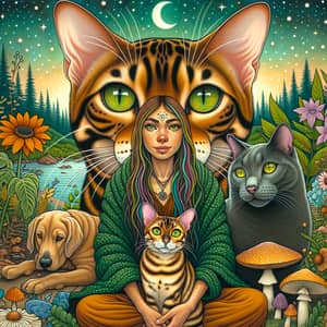 Healing Woman with Bengal Cat, Russian Blue Cat, and Dog in Abundant Nature Scene