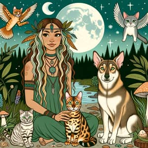 Golden Bengal Cat and Shaman Woman: Enchanting Nature Scene