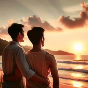 Romantic Beach Sunset Scene with Diverse Gay Couple