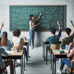 Diverse Classroom Group Discussion with Teacher Pointing at Equation
