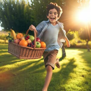 Young Hispanic Boy Running with Basket of Fruits on Green Field