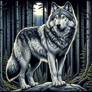 Majestic Adult Wolf in Pine Forest - Detailed Illustration