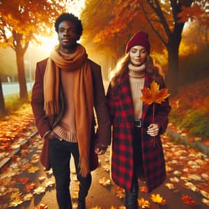 Autumn Stroll: Black Man and Caucasian Woman Walking Among Falling Maple Leaves