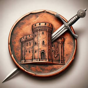 Ancient Castle Engraved Copper Coin with Gleaming Sword