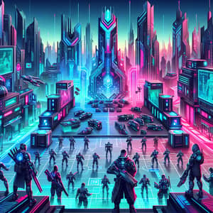 Futuristic Battle Royale Game: Cybernetic Landscape with Diverse Characters