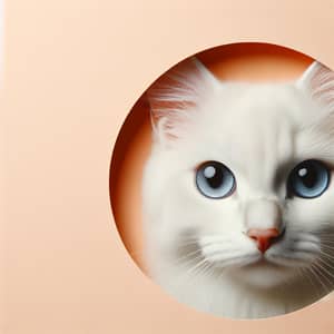White Cat with Blue Eyes on Light Orange Background