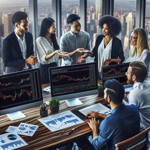 Diverse Group of Friends Analyzing Stock Market Trends in Modern Office