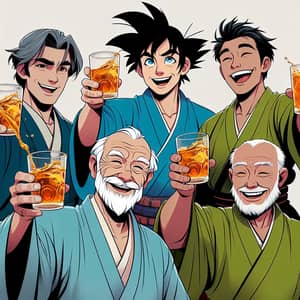 Animated Drunk Anime Men Toasting Glasses Joyfully