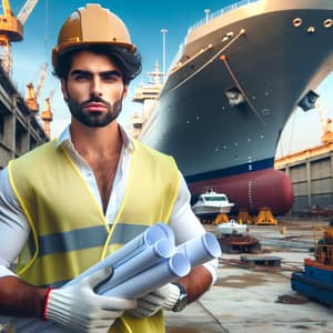 Handsome Middle Eastern Ship Engineer | Shipyard Construction Scene