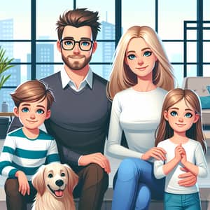Modern Family enjoying time with kids and dog in city-view living room