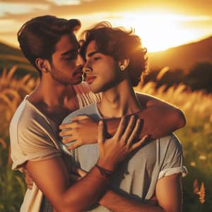 Sunset Meadow Embrace: Young Men Holding Each Other