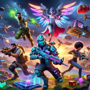Vibrant Battle Royale Video Game Scene with Diverse Players