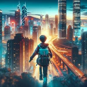Young Boy Stepping Out of Urban Cityscape | Adventure Scene