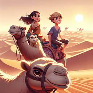 Modern Animated Movie Poster: Brunette Girl & Blond Boy on Camel in Desert