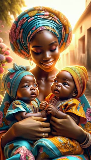 Young Black Nigerian Woman with Twin Infants - Family Love Portrait
