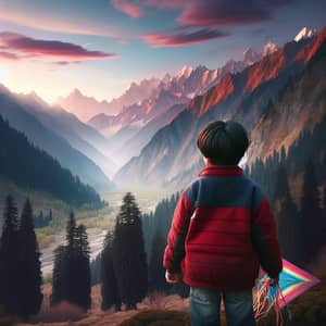 Young South Asian Boy with Kite in Majestic Mountain Sunset
