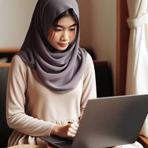 Focused Asian Freelance Worker Using Laptop in Coffee Shop