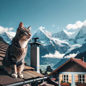 Tabby Cat on Rustic House Roof | Majestic Mountain Backdrop