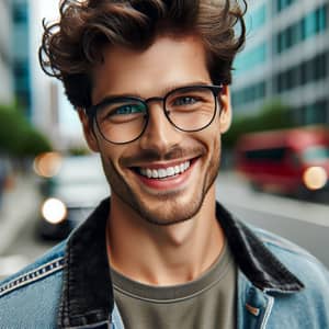 Full-Length Smiling Man with Short Curly Hair in Black Glasses