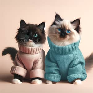 Adorable Black & White Cat and Fluffy Siamese Cats in Cute Sweatshirts