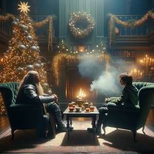 Festive Sanctum: Sorcerer and Young Magician by Fireplace