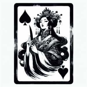 Traditional Chinese Ink Wash Painting of Queen of Spades