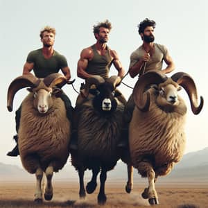 Three Muscular Men Riding Magnificent Horned Sheep