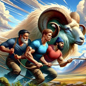 Dynamic Illustration of Three Strong Men Riding Giant Horned Sheep