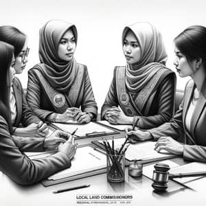 Graphite Pencil Sketch of South Asian Land Commissioners Meeting Female Lawyers