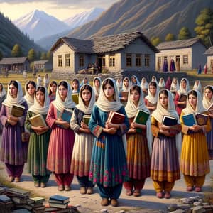 Educated Young Pakhtoon Girls in Traditional Attire with Books