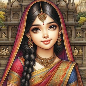 Vibrant Indian Girl in Gold & Ruby Sari | Cultural Portrayal