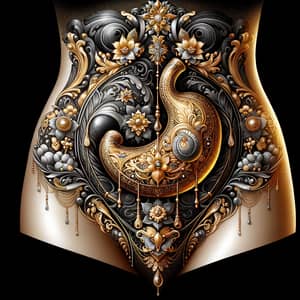 Luxurious Gold and Silver Stomach Art on Black Background