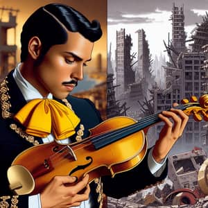 Mariachi Musician with Golden Violin - Beauty Amidst Chaos