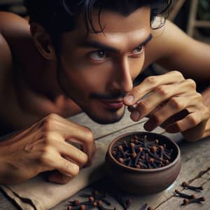 Tranquil South Asian Man Eating Cloves at Wooden Table
