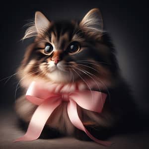 Adorable Fluffy Cat with Pink Ribbon | Captivating Image