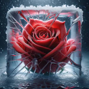 Mesmerizing Red Rose Emerging from Fractured Ice Cube