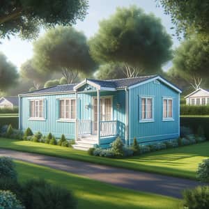 Bright Blue Mobile Home Surrounded by Nature