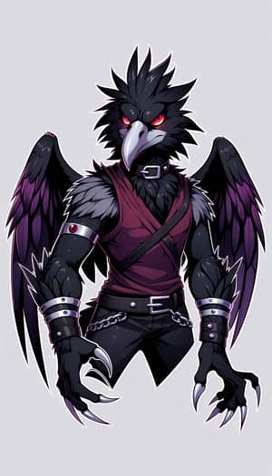 Anthropomorphic Crow with Sharp Feathers and Fiery Eyes