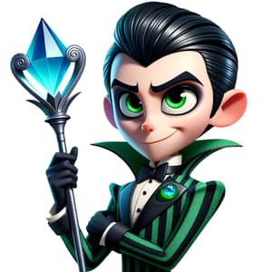 Crafty Character in Green and Black Costume with Scepter