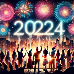 New Year 2024 Fireworks Celebration with Diverse People on Rooftop