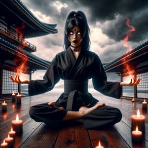 American-Japanese Woman Levitating in Lotus Pose with Mythical Fire