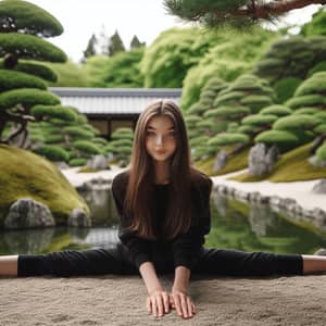 Russian Girl in Black Attire in Japanese Garden Splits