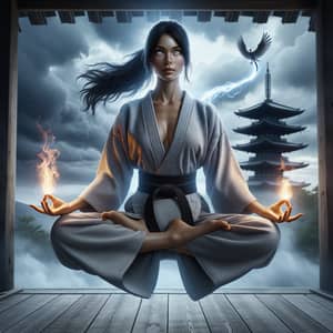 Levitating Young Woman in Martial Arts Attire | Tranquil Adventure